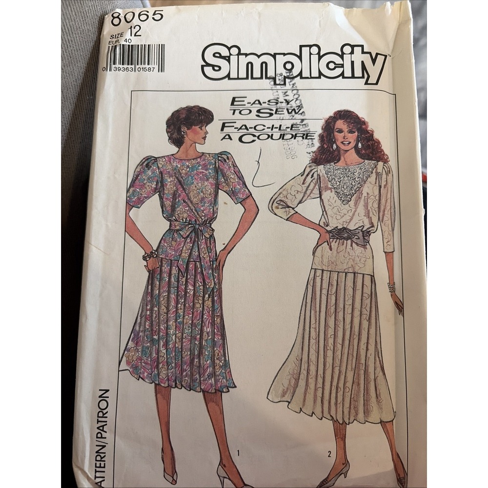 Vintage 1987 Simplicity 8065 Dress Sewing Pattern Size 10 Uncut Easy to Sew